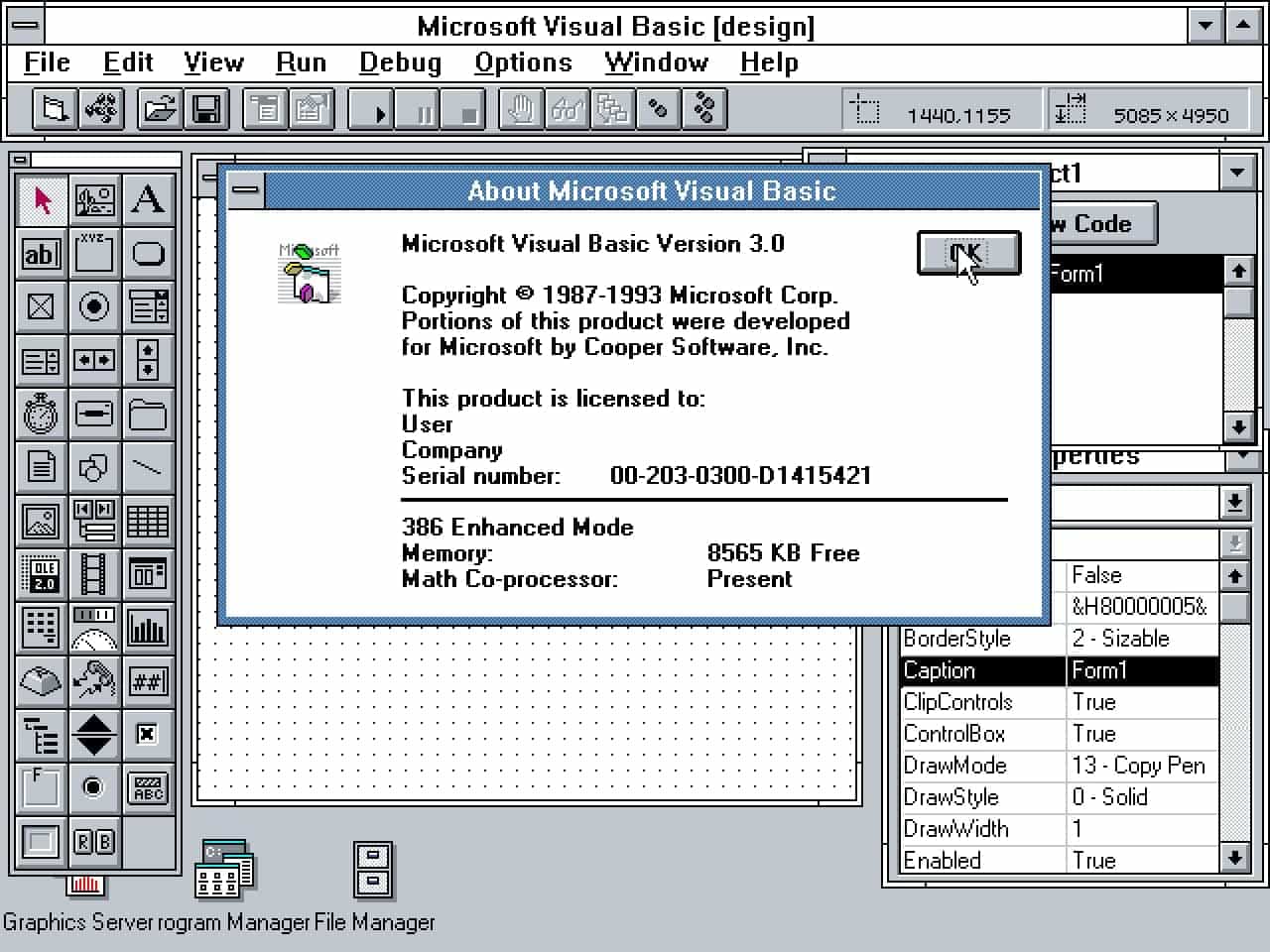 A screenshot showing the Visual Basic 3.0 starting interface. There are 38 buttons in the left panel. There's also a row of buttons on the top of the screen.